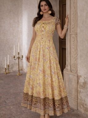 NWOT Boho Yellow Orange Sunset Floral Maxi Dress Large Medium Festival Spring